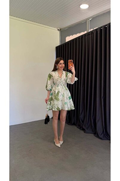 elif teke Green Leafed Eucalyptus Dress White