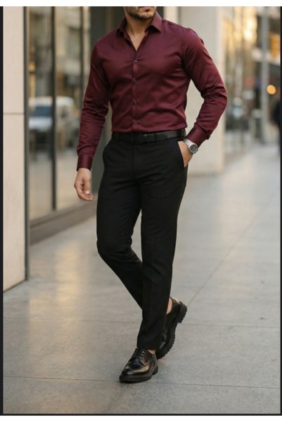 nightblack Slim Fit Uzun Kollu Kolay Ütü Teri Emen Nefes Alan Doku Kravatlık Dört Mevsim bordo Erkek Gömlek