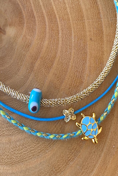 Shepidi 3-Piece Glass Bead Blue Turtle Gold Flower Anklet