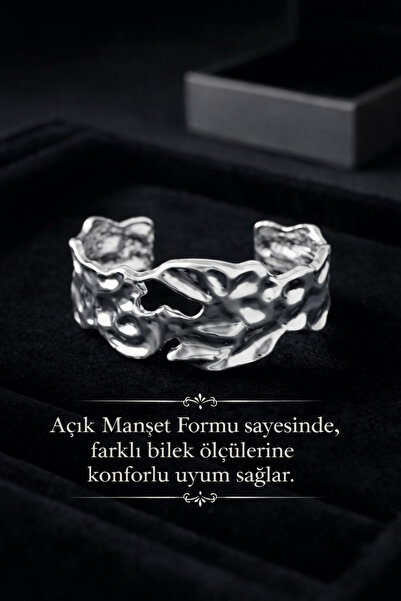 POEM JEWELLERY Doğal Dokulu Ayarlanabilir 925 Gümüş Kaplama Manşet Bilezik Pa...