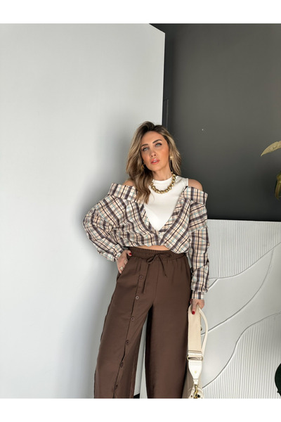 Zerrincan Giyim Kahve Ekose Çift Parça Bluz