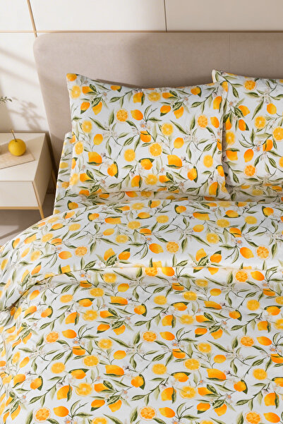 Magnolia Lemon Patterned Double Duvet Cover Set |   Yellow-White, Cotton Pcs,...