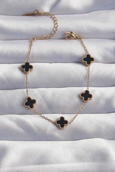 esplendor Black Enamel Clover Patterned Anti-Tarnish Bracelet