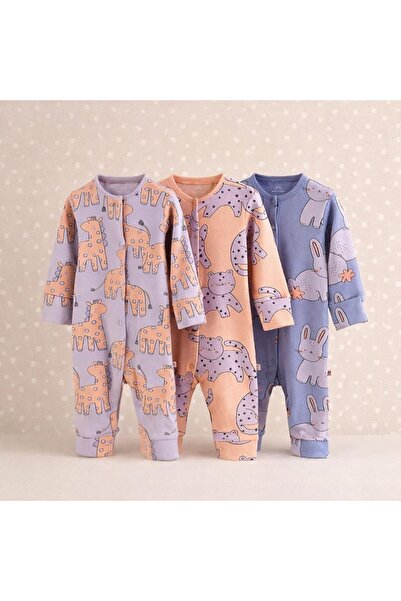 Next Baby Pamuklu Lila Pembe Baskılı 3'lü Tulum Set