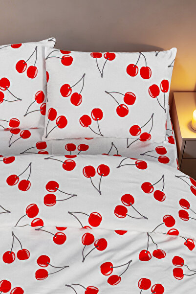 Magnolia Cherry Patterned Double Duvet Cover Set |   Red-White, Cotton Pieces...