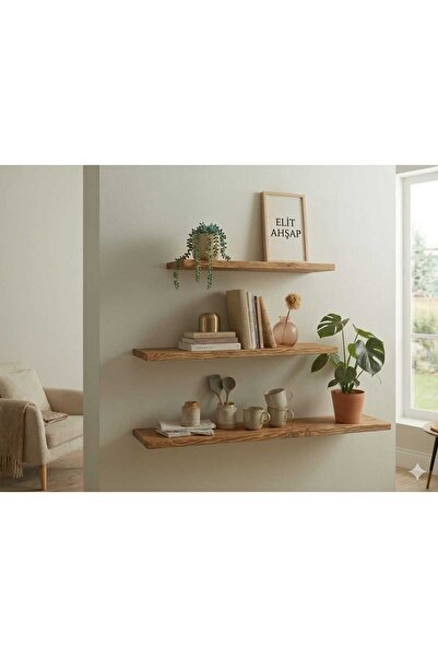 Elit ahşap 3’li Gizli Bağlantılı Uçan Raf Takımı - 50x15 Beyaz Duvar Rafı - M...