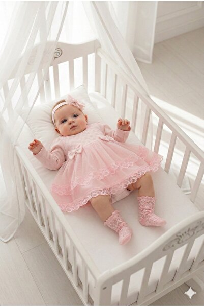 Miniday Baby Kız Bebek Mevlütlük Elbise Yazlık Bandanalı Dantelli Yeni doğan ...