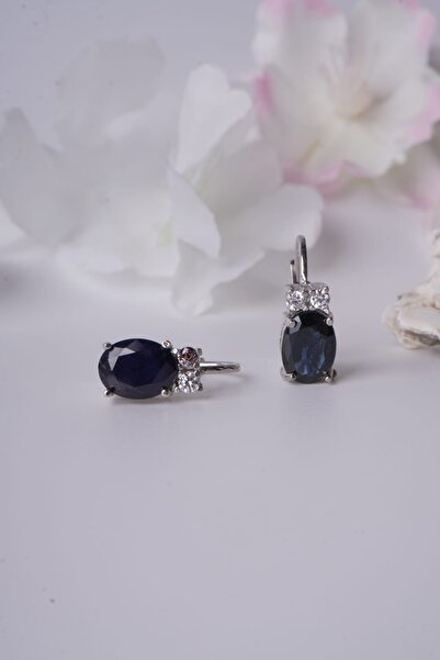 Aksesuaring 5*7mm Safir & Zirkon Taşlı Gümüş Küpe