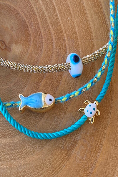 Shepidi 3-Piece Blue Fish Turtle Glass Bead Adjustable Anklet