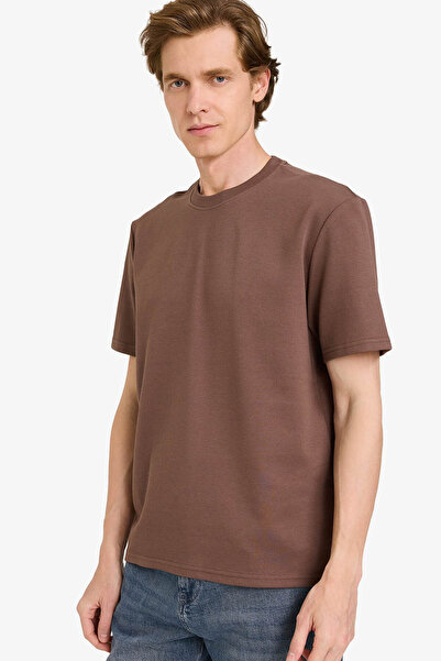 DeFacto Ανδρικό T-Shirt με λαιμόκοψη ποδηλάτου, σταυρωτή ύφανση, καφέ χρώμα D...