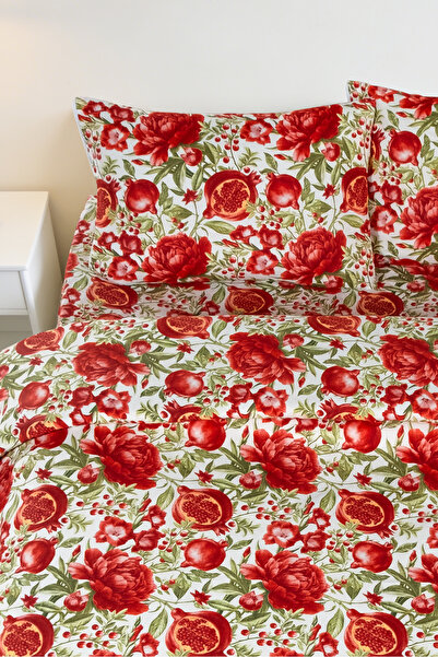 Magnolia Nar Patterned Double Duvet Cover Set | Red-White, Cotton Pieces, Sof...