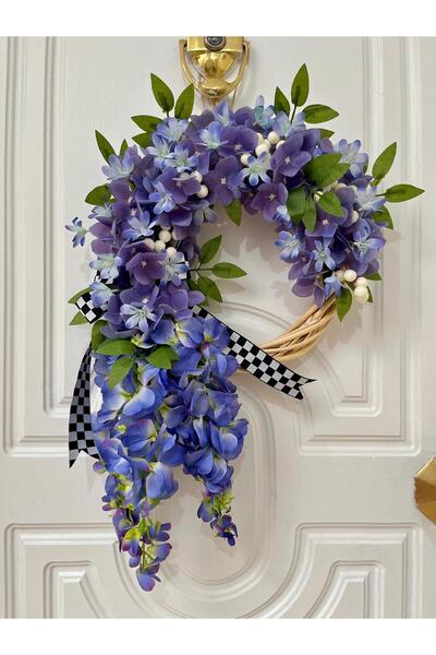 Beykan handmade Ornament de ușă cu hortensii mov, bambus coroană