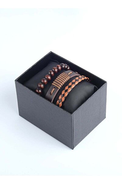 TOBY Luxury Leather Bracelet Set for Men - 3 Brown Faux Leather Bracelets wit...