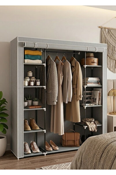 Missidea Çift Yandan Raflı Bez Elbise Dolabı Metal Profil İskelet Gardırop Gri