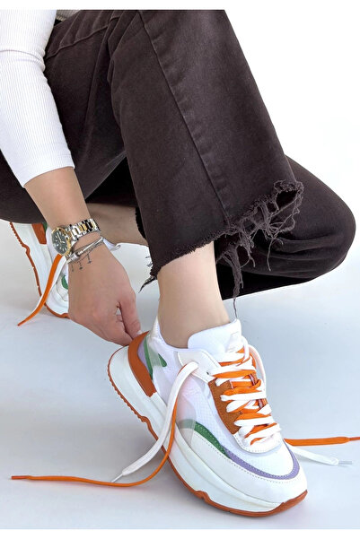 ALFA AKSESUAR 03 Aleh White Skin Orange Detailed Double Lace-Up Sports Shoes