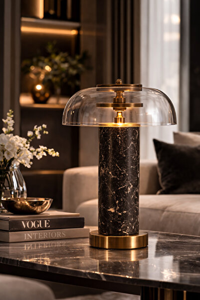 Vinner Aurelio Mermer Gövdeli Cam Abajur – Metal Detaylı Modern Salon Ofis Ma...