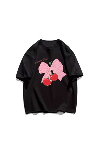 LAND MODA Tricou Black Ribbon Cherry - Manecă scurtă cu decolteu oversize imp...
