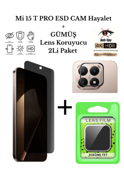 CaseTechnoo Mi 15 T PRO Lens Koruyucu Ve Esd Cam Hayalet Ekran Koruyucu 2li P...