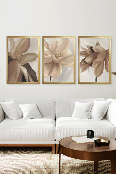 kutuTR Gold Renk Ahşap Çerçeveli Modern Floral Tasarım 2DUV Baskı 3’lü MDF Ta...