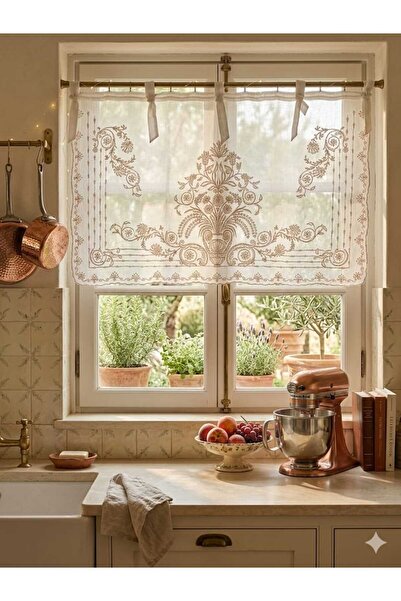 CASA NATURALE Keten görünümlü süzene nakışlı farbela perde