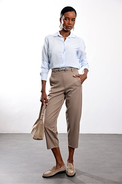 5in1Canpolat بنطلون قماش بيج داكن بقصة الجزر 9957