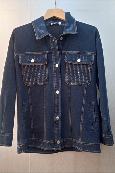 FUERTE XL Büyük Beden Lacivert Renk Cepleri Taş Detaylı Kot Ceket