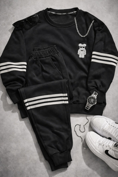 Generic Black Stylish Teddy Patch Tracksuit Set for Men | Casual Sportswear S...