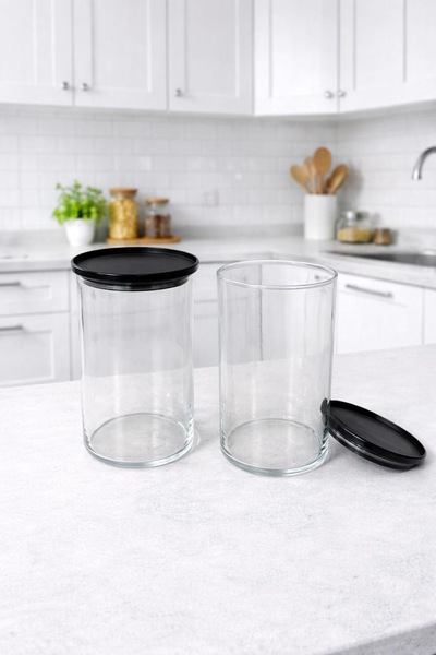 Alika Tekstil ve Ev Gereçleri Siyah Kapaklı Silindir Cam Kavanoz Seti - 2 Par...