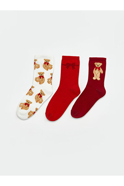 LC Waikiki Rmz Gi̇yi̇m Farkiyla Bear Embroidered Women's Socks 3-Piece Set