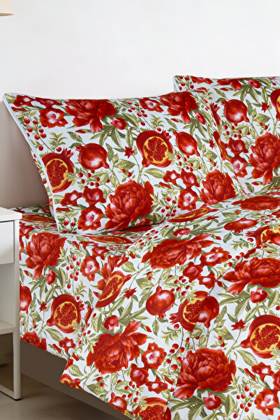 Magnolia Nar Patterned Single Duvet Cover Set | Red-White, Cotton Pieces, Sof...