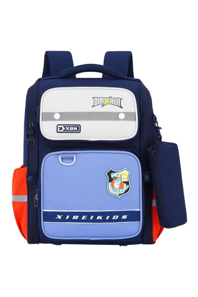 LEAN School Backpack with chest Belt with dinosaurs, navy blue, 22L