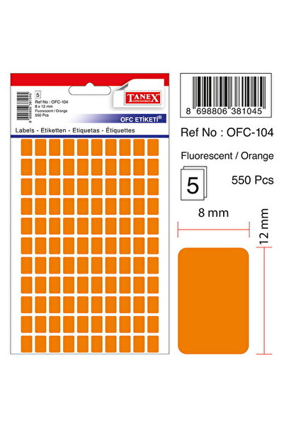 Tanex Etichete autoadezive color, 8 x 12 mm, 550 buc/set, - orange fluorescent