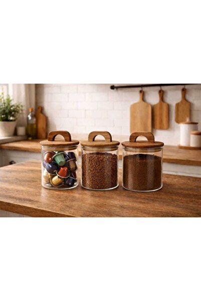 Durina Living Akasya Kapaklı 3'lü Cam Kavanoz 650 ml Vakumlu Kahve Çay Şeker ...