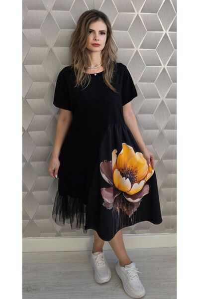 OnlyForYou Women's dress made of Stretchy Cotton , with Printed and tulle trim