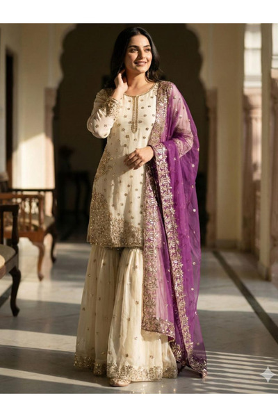 MYSMAR طقم سالوار كاميز ودوباتا من حرير الأبيض من فندي - HRT6968 | أبيض