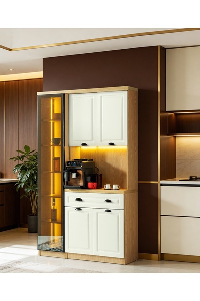 CMCHOME PARADICE KAHVE KÖŞESİ MUTFAK DOLABI FULL MDF -LEDLİ -TEMPERLİ CAMLI 1...