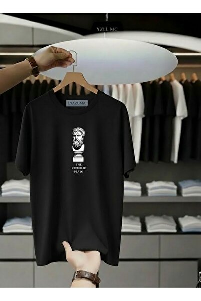 İnazuma Outdoors تي شيرت أسود كبير الحجم للجنسين بأكمام قصيرة وياقة دائرية مط...