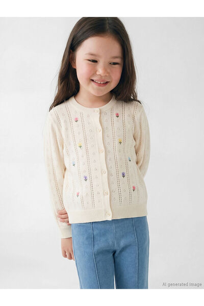 LC Waikiki Nevavm Oval Collar Floral Knitwear Cardigan for Girls with a Diffe...