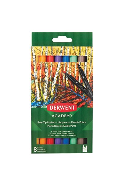 Derwent Academy Markers, 2-ended, brush tip and sharp tip, 8 pcs/set, various...