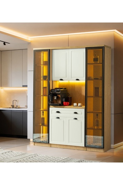 CMCHOME BIANCA KAHVE KÖŞESİ MUTFAK DOLABI FULL MDF -LEDLİ -TEMPERLİ CAMLI 160CM