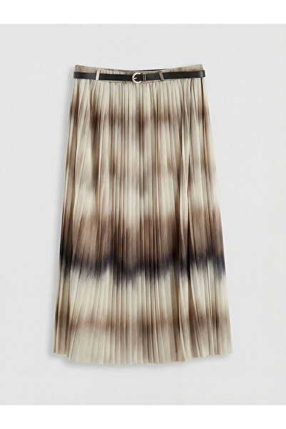 LC Waikiki LCWAIKIKI Κλασική Καφέ Φούστα με Ζώνη στη Μέση και Πλισέ Σχέδιο