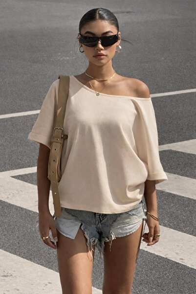 peri tower Women's One-Shoulder Off-Shoulder Loose Cotton in Soft-Textured Ba...