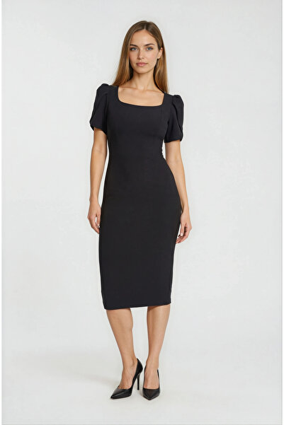 Spazio Kare Yaka Kısa Kollu Bele Oturan Uzun Abiye Elbise SİYAH