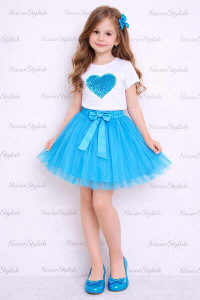 Nacar 23 Nisan 29 Ekim Gösteri Kıyafeti Payetli Kalp Detaylı Tişort Tütü Etek...