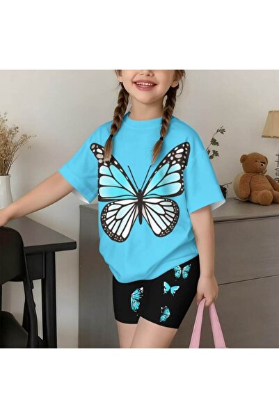 VESTIR BIEN Kelebek Printed Children's Blue Black Summer Dress Top and Bottom...