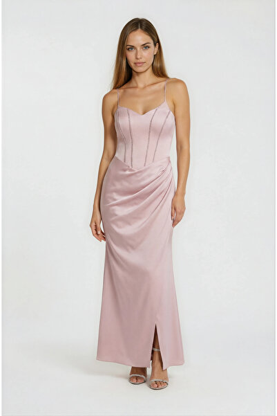 Spazio Korse Detaylı Kalp Yaka Drapeli Uzun Abiye Elbise PUDRA