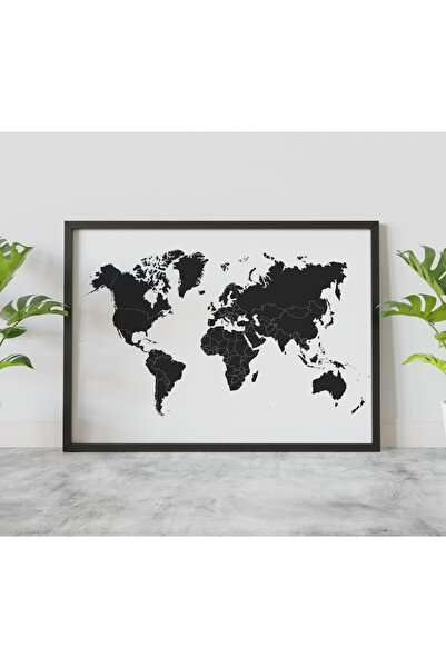 Rosaart Minimal Dünya Haritası Ahşap Çerçeveli Poster Tablo–Siyah Beyaz Dünya...