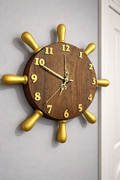 Mutluhan Desing El Yapımı Dümen Tasarımlı Ahşap Duvar Saati – Altın Detaylı D...