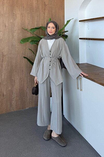 Hazamoda Esra Düğmeli Modal Takım Vizon