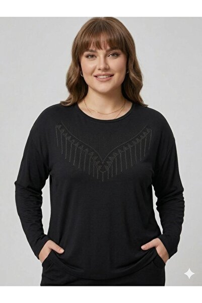 Orly More Viscose Fabric Mini Slit Stone Detailed Plus Size Long Sleeve Combe...